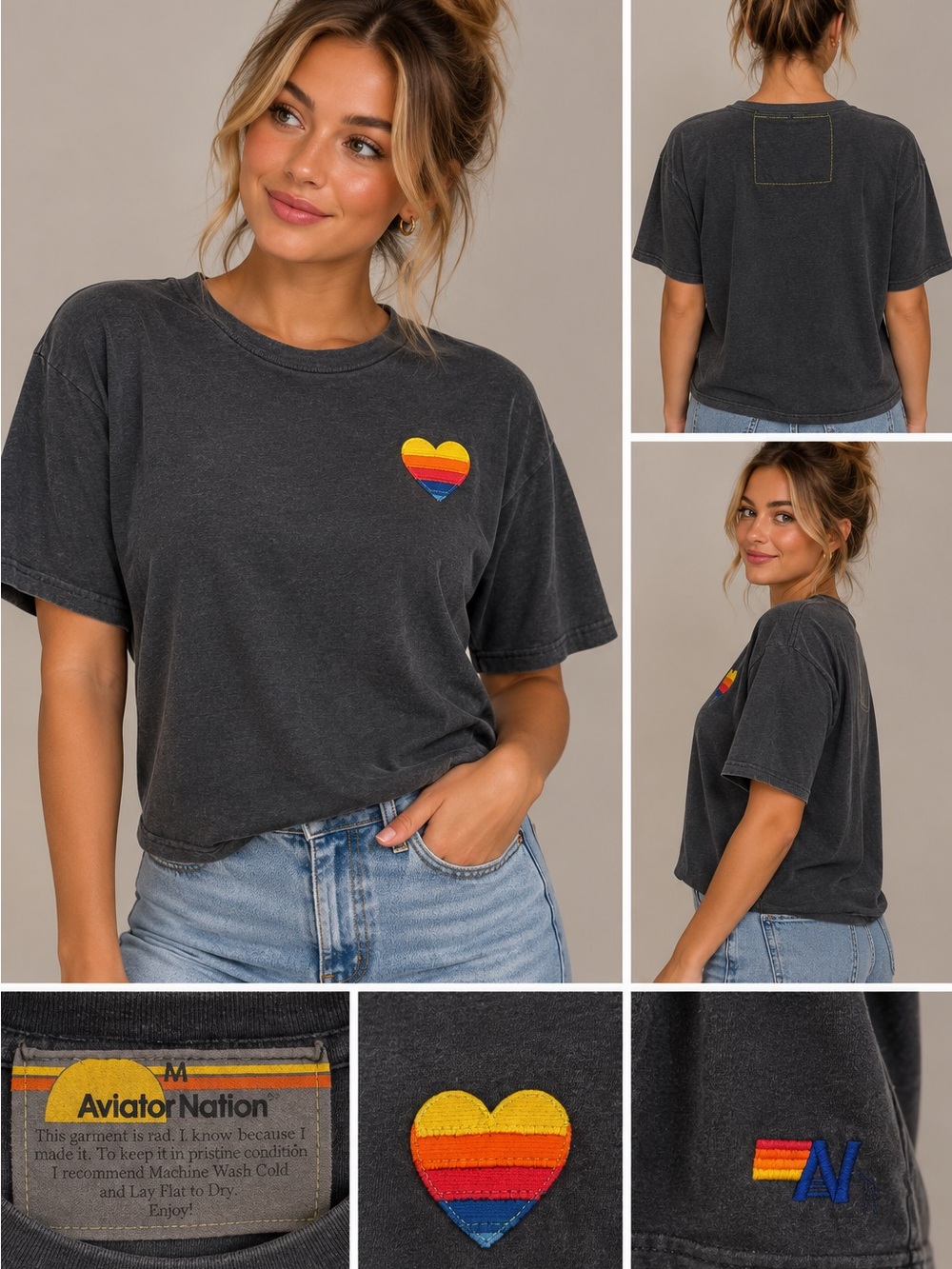 Aviator Nation Charcoal Short Sleeve Tee with Rainbow Heart Patch